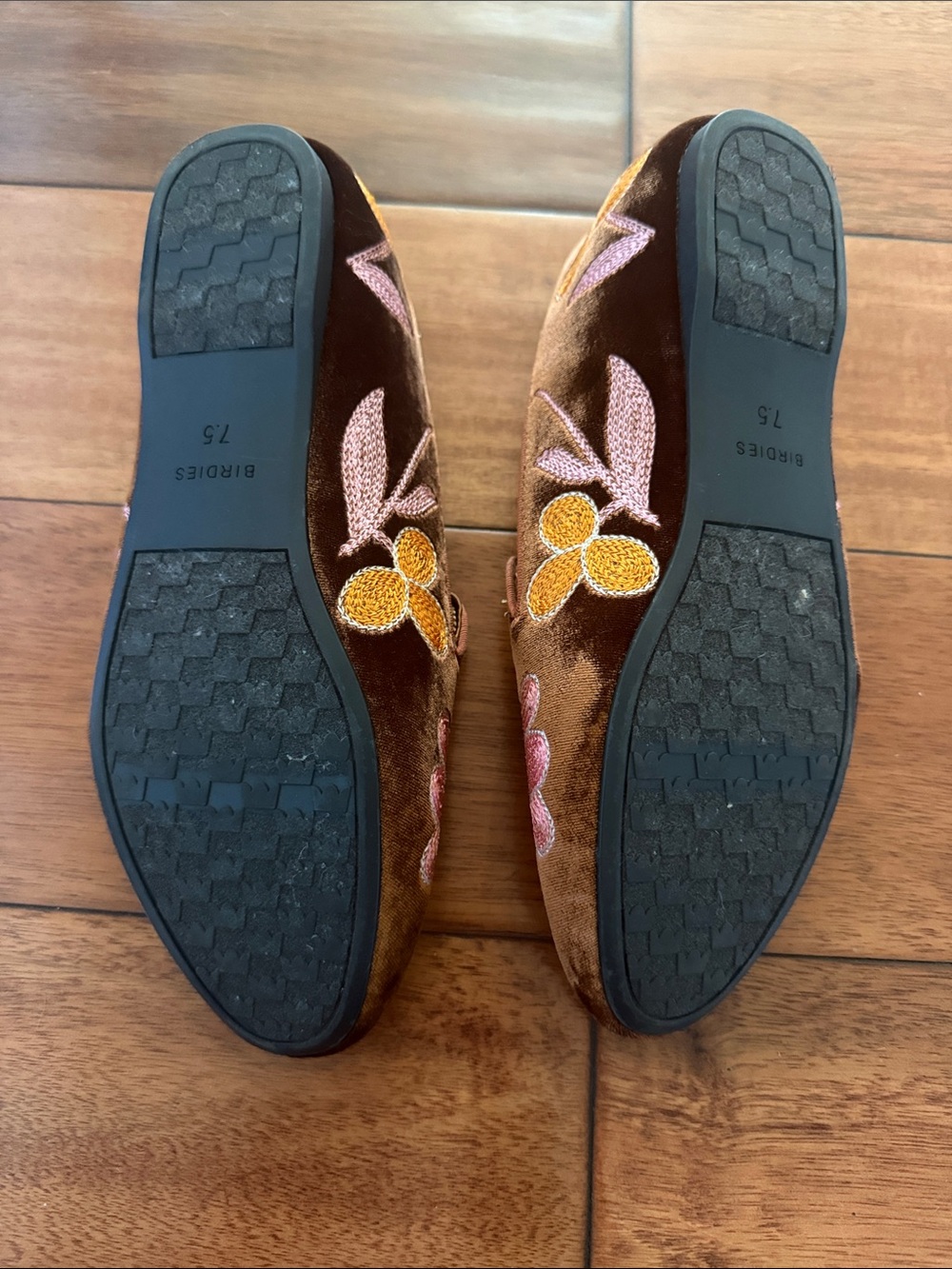 Birdies Brown Velvet Starling Loafers with Pink & Yellow Embroidered Flowers 7.5 - Picture 5 of 8